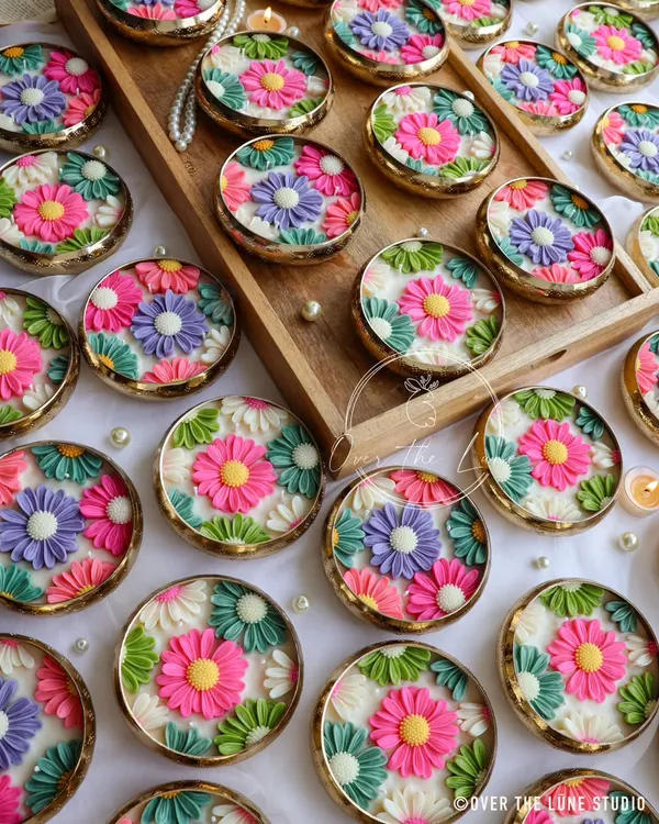 This large bulk order of over 80 vibrant Daisy Urli candles was a joy to create. Each of the 400+ flowers was hand-poured and placed, making these the perfect colorful favors for a Mehendi Soirée.