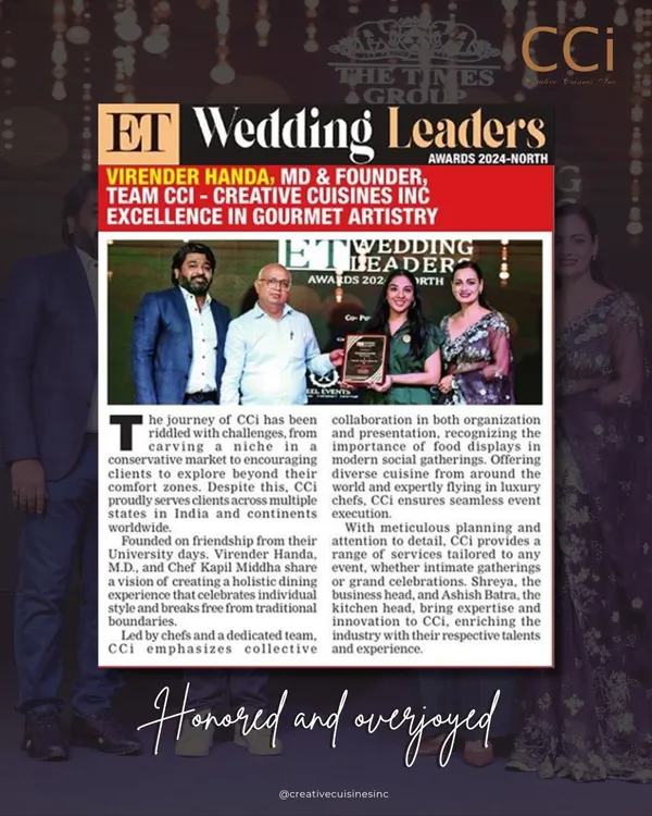 We are honored and overjoyed to receive the 'Excellence in Gourmet Artistry' award at the ET Wedding Leaders Awards. This is a testament to our team's dedication to innovation and creating exceptional culinary experiences for every client.