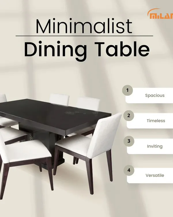 This minimalist dining table set is perfect for a modern home. The dark wood table is paired with six chairs upholstered in a light, neutral fabric, creating a versatile and inviting dining space.