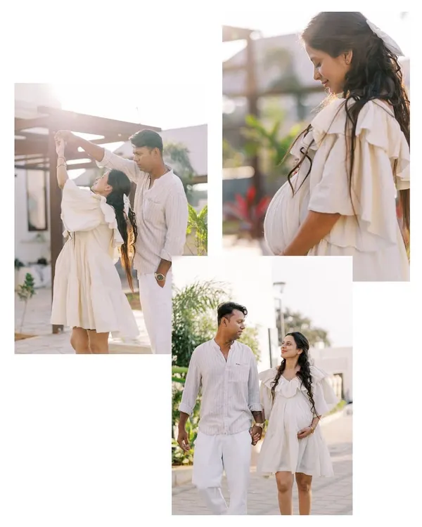 A collage of moments from a home session, presented in a soft, film-like aesthetic. It shows a variety of poses, from a playful dance to a quiet walk together.