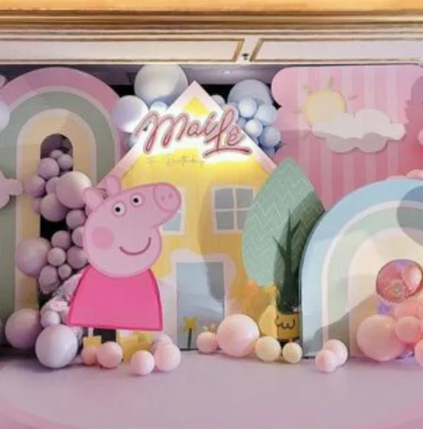 Let's jump in muddy puddles of fun with a Peppa Pig party. We bring beloved characters to life with playful, custom-designed backdrops and decor that capture the cheerful spirit of the show, perfect for your child's big day.