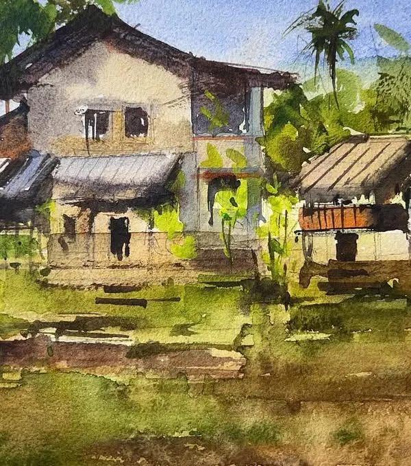 A watercolor painting of a beautiful home in Konkan, created on paper. I painted this after a long time and really enjoyed capturing the lush greenery and rustic architecture using a reference photo from Pinterest.