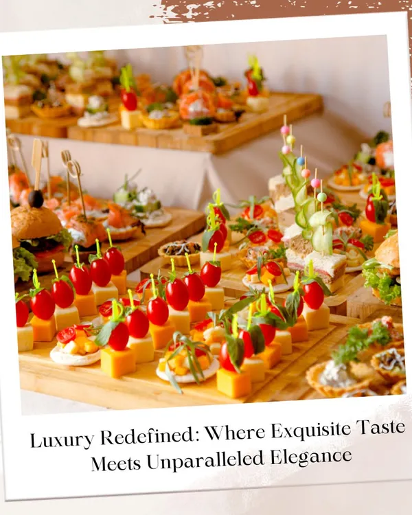 Luxury redefined is having an array of exquisite tastes at your fingertips. This spread showcases the variety we can bring to your party, with everything from cheese and cherry skewers to savory canapés and mini burgers.