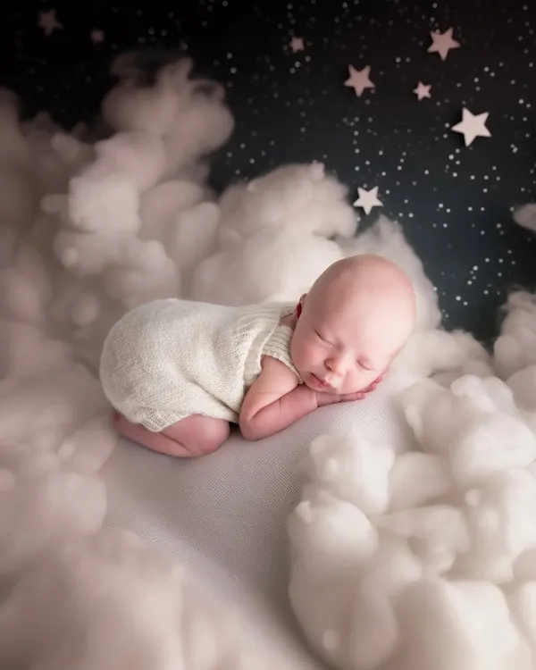 Asleep on a bed of clouds under a starry night sky. This newborn portrait is all about softness and dreams, capturing the pure and peaceful nature of a brand new baby.