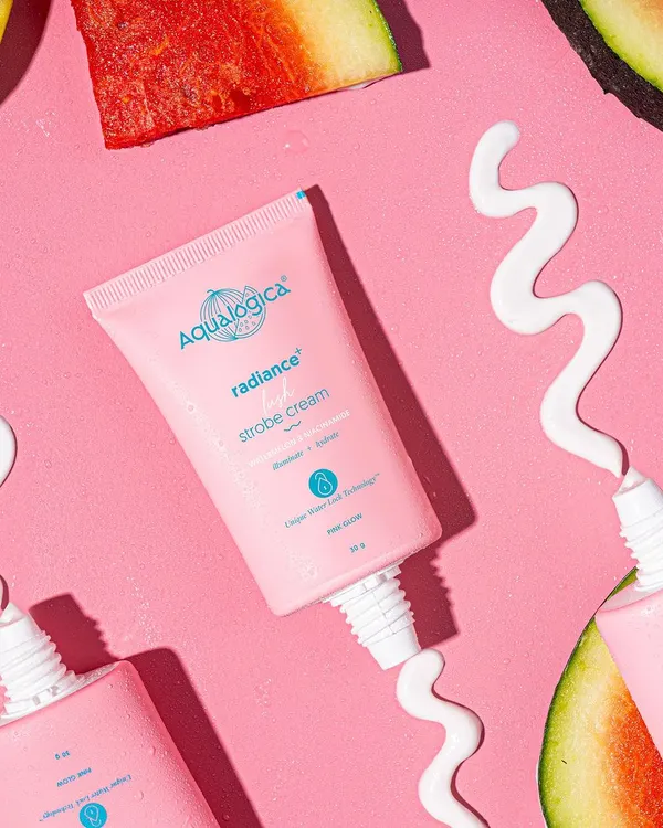 A texture shot for Aqualogica's strobe cream, where I used swirls of the product itself as a key graphic element. Paired with fresh watermelon slices, the styling emphasizes the product's hydrating, fruit-based formula.
