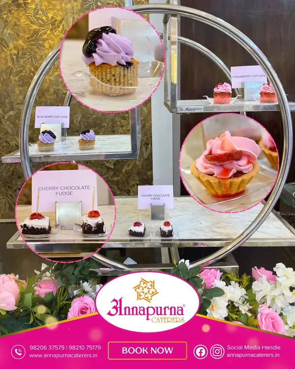 A display of our mini desserts, including blueberry cupcakes, strawberry tarts, and cherry chocolate fudge. These bite-sized treats are perfect for satisfying a sweet tooth.