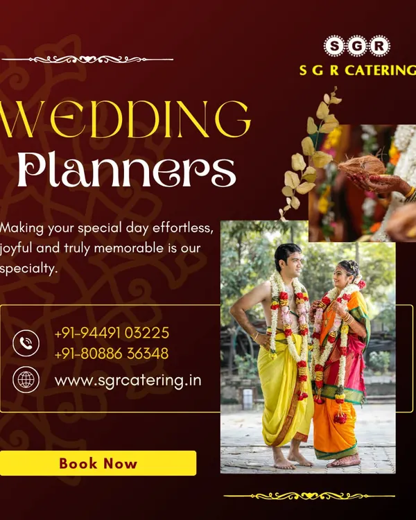 A beautiful portrait of a couple in traditional South Indian wedding attire. Making your special day effortless, joyful, and truly memorable is our specialty.