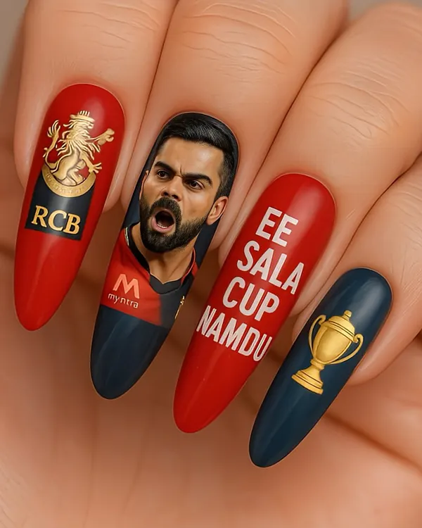 The King. We can even do portraits. This detailed, hand-painted nail art was part of our RCB celebration set, featuring the one and only Virat Kohli.