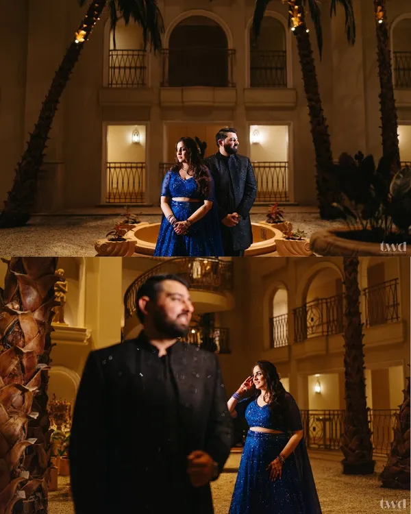 A collage of Raakhee and Akshay's sangeet portraits. We captured both their regal, posed looks and their playful, candid interactions in the beautiful courtyard.