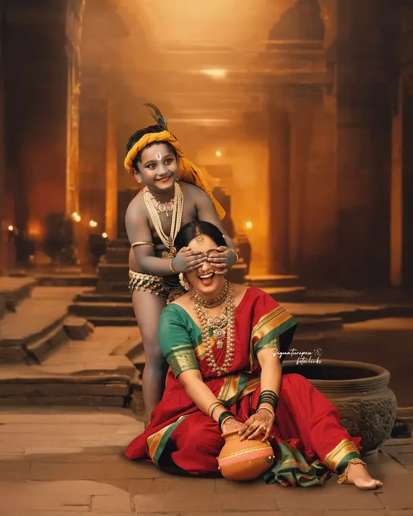 A playful moment between Yashoda and Krishna, brought to life in a painterly style. This shot captures the mischievous spirit of little Krishna, with a dramatic, temple-like backdrop and warm lighting that adds to the epic feel.