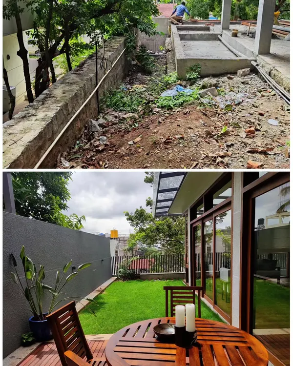 I transformed this cluttered backyard into a peaceful retreat. The project involved clearing the site, laying a fresh lawn, and adding a wooden deck for seating, creating a perfect spot for the family to relax.