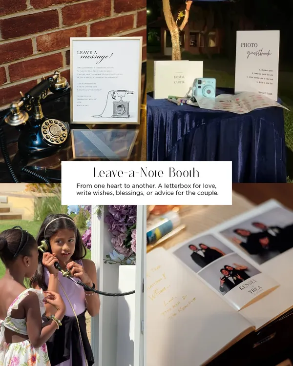 A 'Leave a Note' booth offers multiple ways for guests to share their love. We set up a vintage telephone for an audio guestbook, a polaroid station for a photo guestbook, and a classic letterbox for written wishes.