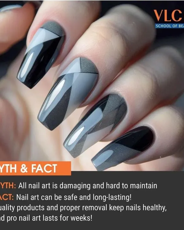 We teach our students how to create safe, long-lasting nail art that keeps natural nails healthy. This image debunks the myth that nail art is damaging by showcasing a flawless geometric design on perfectly shaped coffin nails, proving that quality products and professional techniques make all the difference.