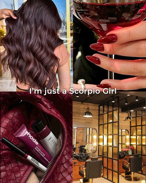 I'm just a Scorpio girl. This moodboard captures the Scorpio vibe with deep red nails, rich brunette waves, a bold lip, and a luxurious leather bag.
