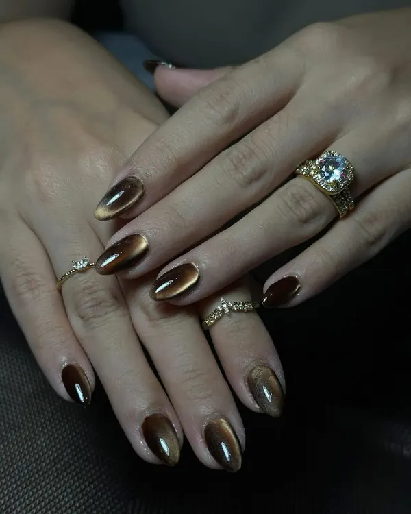 A rich and warm brown cat-eye effect on almond-shaped nails. The magnetic polish creates a beautiful, shifting line of light.