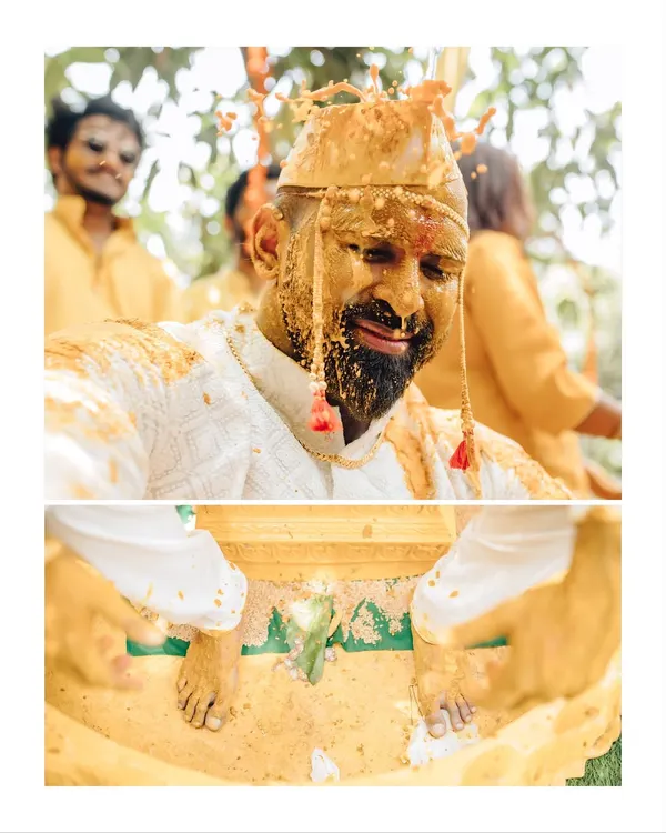 A diptych capturing the fun and messy joy of the Haldi ceremony. These are the real, unscripted moments that show the groom enjoying the traditions with his family.