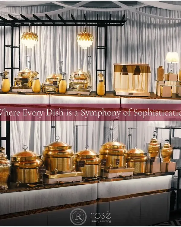 Our buffet setups are a symphony of sophistication, featuring gleaming copper and brass chafing dishes that keep food at the perfect temperature. This collage showcases the scale and elegance of our presentation for large corporate events.