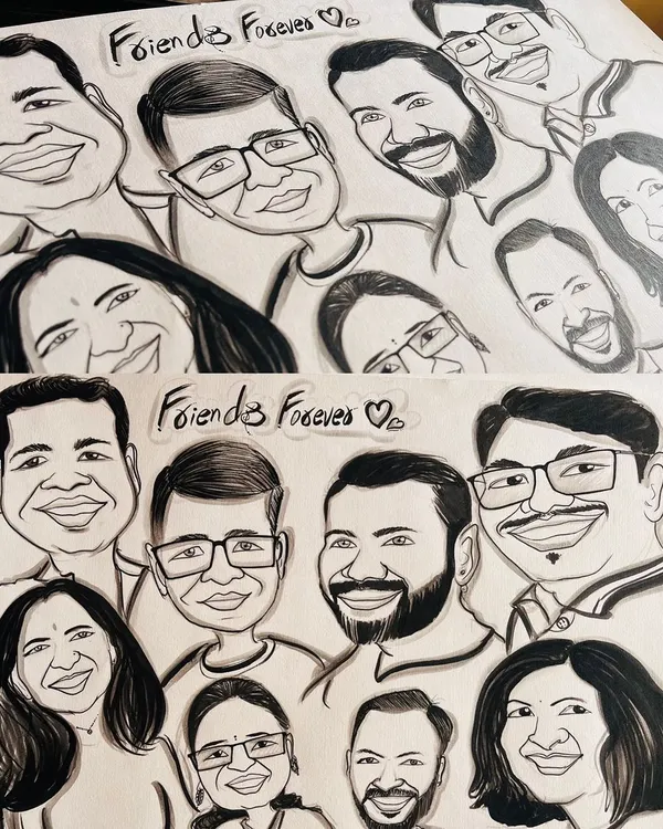 Another angle of the "Friends Forever" group caricature. It's a fantastic way to create a lasting memory for your entire crew.