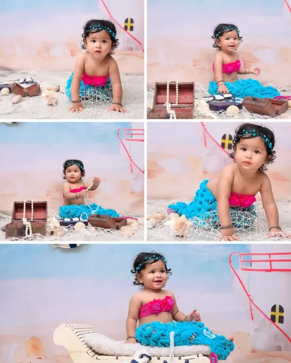 A collage of five images from a mermaid-themed sitter session. It showcases various poses, from crawling to sitting, and captures the baby's interactions with props like a treasure chest and pearls.