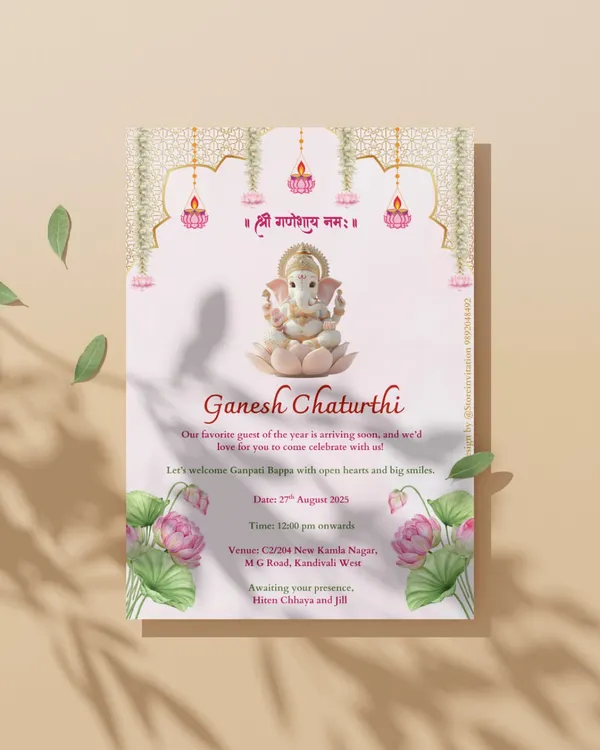An elegant invitation for Ganesh Chaturthi. The design features a serene Ganesha idol on a lotus, framed by hanging diyas and delicate florals, perfect for welcoming Bappa into your home.