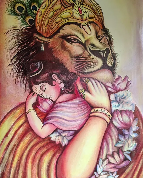 The completed Narsimha and Prahlad devotional painting. This artwork captures the tender moment of protection and grace, a powerful symbol of faith for any home, especially as a gift for a child.