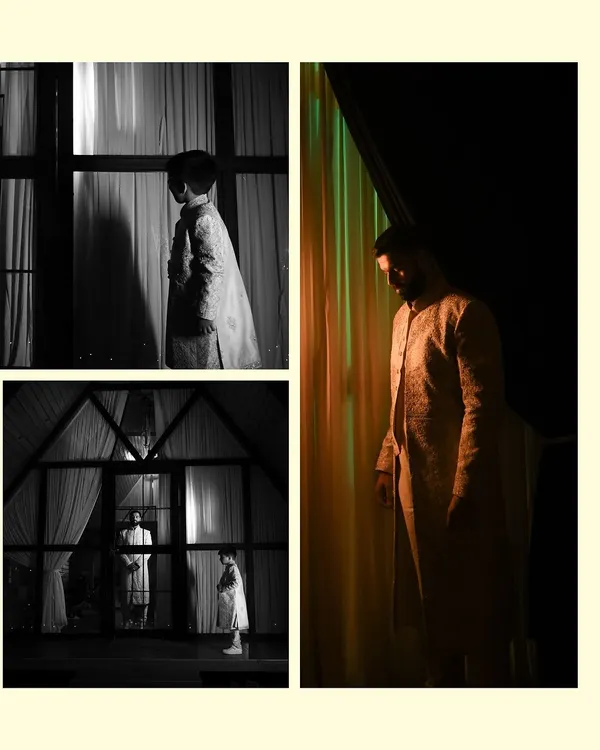 A collage of the groom getting ready, using creative compositions and black and white to tell a story of anticipation.