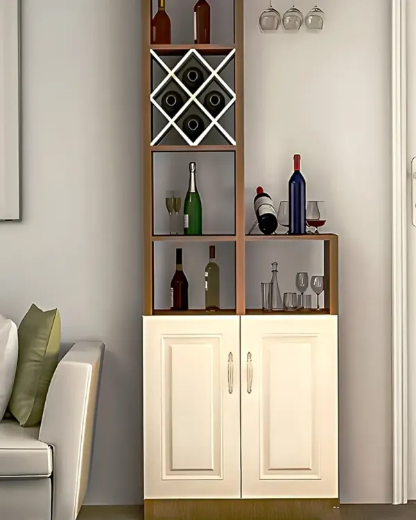 A slim and elegant bar cabinet that provides storage for wine bottles, glasses, and accessories. Its vertical design takes up minimal floor space, making it ideal for a small dining or living area.