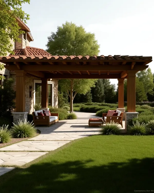 A classic Mediterranean-style wooden pergola with a tiled roof, attached to the house to create a seamless indoor-outdoor transition. The structure is supported by stone-clad pillars that match the home's exterior.