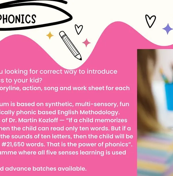 This graphic explains our approach to teaching phonics. We use a multi-sensory method with storylines, actions, and songs for each sound, making learning to read an effective and enjoyable experience.