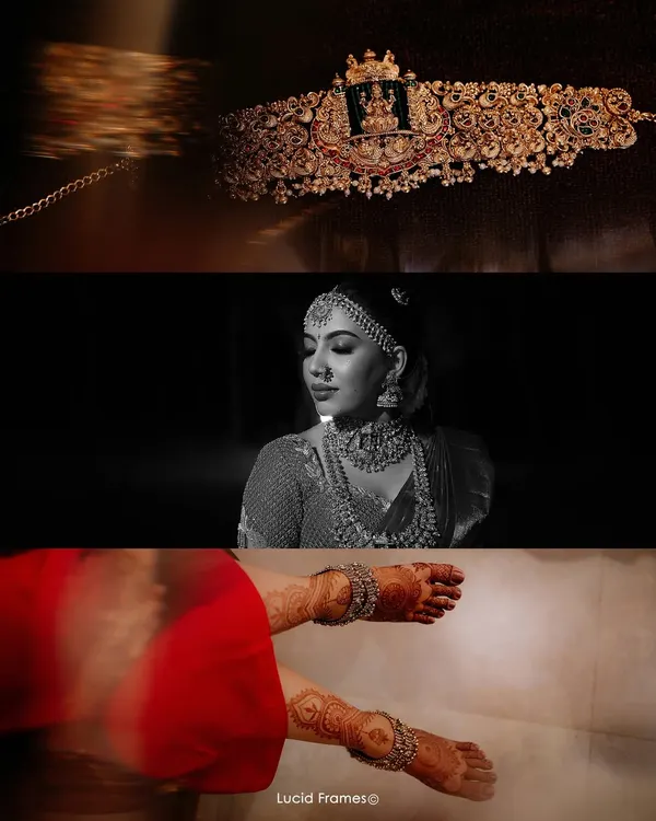 A triptych of details: the intricate bridal hip belt (oddiyanam), a black and white portrait, and the bride's henna-covered feet with anklets.