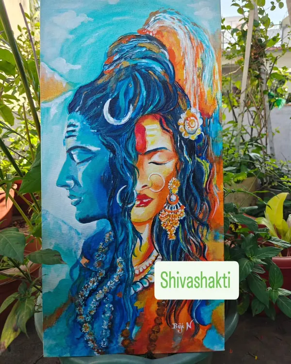 This Shivashakti acrylic painting is a piece of my heart on canvas, representing the divine union of cosmic energies. I love how the vibrant blues and oranges come together to create a powerful yet serene presence for any home.