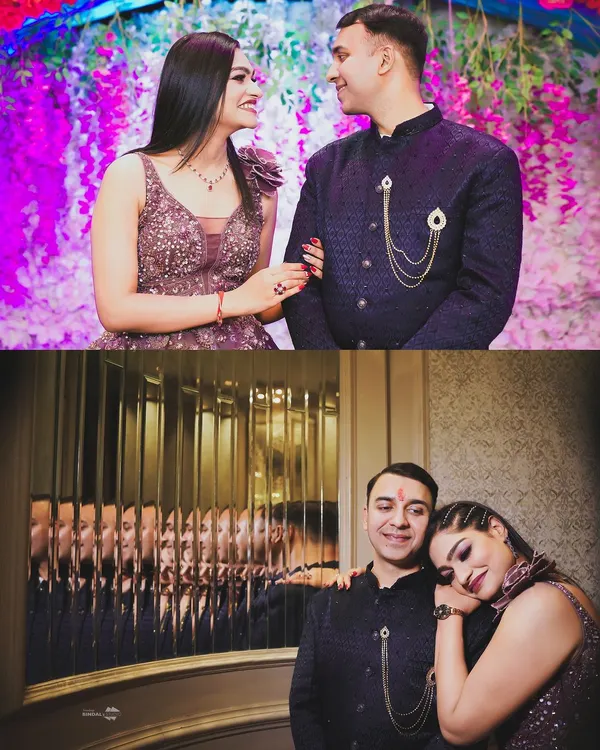 A collage capturing the magic of an engagement. From a candid glance against a floral backdrop to a quiet, tender moment, these photos tell the story of the celebration.