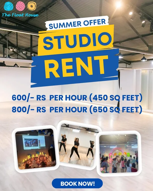 Looking for a studio to rent? This graphic lays out our summer offer with clear pricing for our 450 sq ft and 650 sq ft air-conditioned spaces, perfect for dance, events, and more.