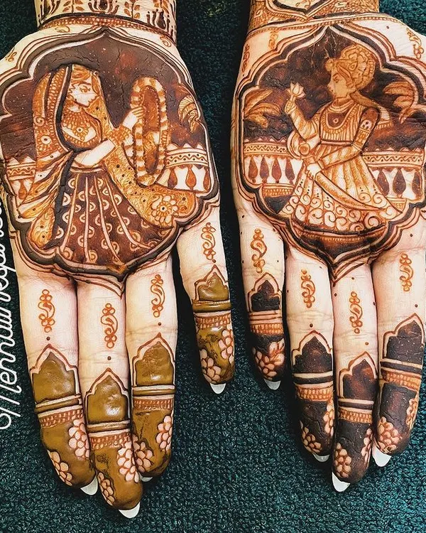 This is the level of artistry we help you achieve. In our classes, you'll learn to master intricate figurative work, creating stunning bride and groom portraits that are the centerpiece of traditional bridal mehndi.