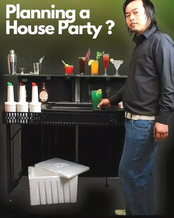 Planning a house party? This is what my Barmobile service is all about. We bring the entire setup, including a portable bar, professional bartenders, and all the equipment. This image shows one of our standard setups, ready for service.