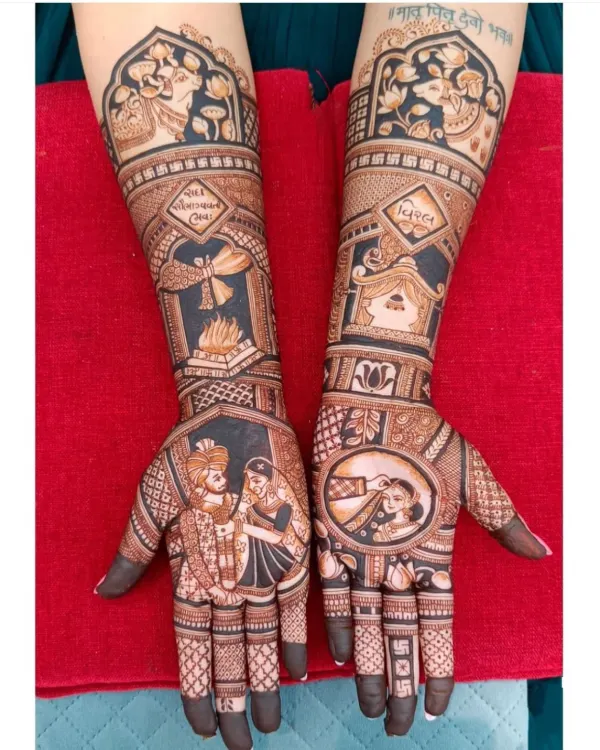 This full bridal mehendi tells a complete wedding story. On the palms, I've captured the varmala exchange and the sindoor ceremony, while the arms feature details like the sacred fire (agni) and the doli, all created with natural henna for a rich, dark color.