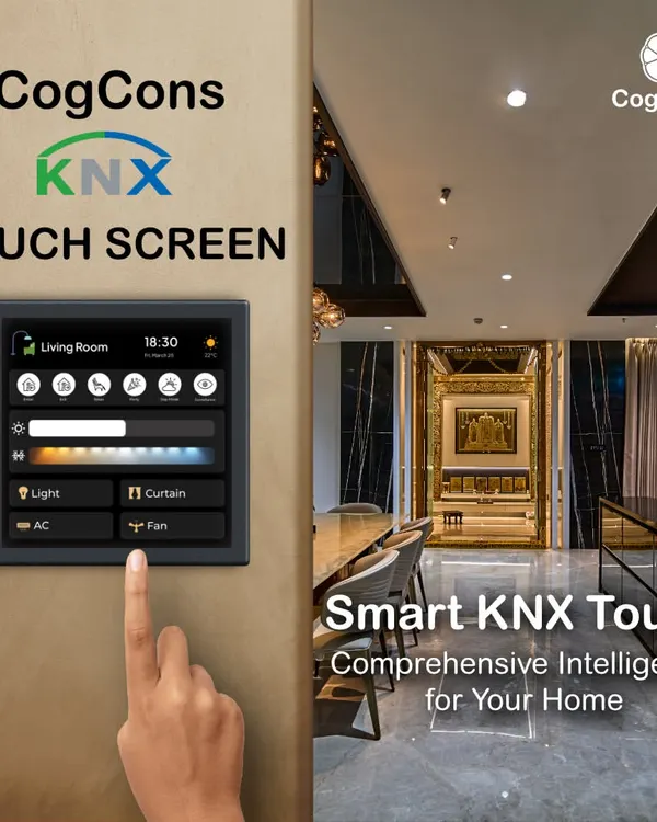 Our KNX touch screen serves as the central hub for your entire home. This in-context view shows how the panel provides clear, organized control over lighting, curtains, AC, and fans, blending seamlessly into the wall of a modern living room.