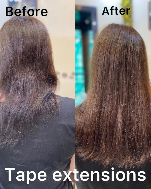 A classic tape extension transformation. This before-and-after clearly shows how I add volume and density to fine hair for a much fuller look.