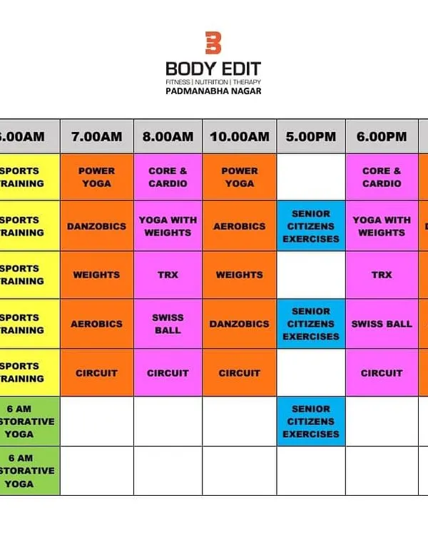 Our comprehensive class schedule for the Padmanabhanagar branch. We have everything from Power Yoga and TRX to special classes for senior citizens and online group fitness.