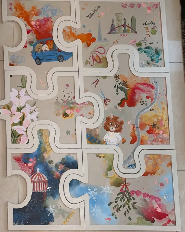 This custom puzzle artwork tells the story of a couple's journey. Each piece represents a special memory, from their travels to Paris to their beloved dogs. I create these large multi-panel storyboards to capture the moments that define your relationship.