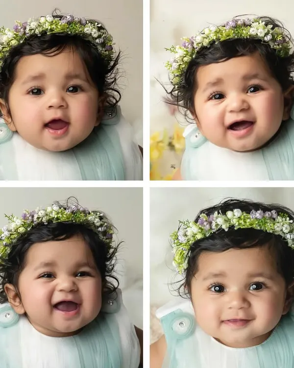 A collage of expressions from a six-month sitter session. From gummy grins to curious gazes, this collection perfectly captures the many faces of this adorable baby girl.