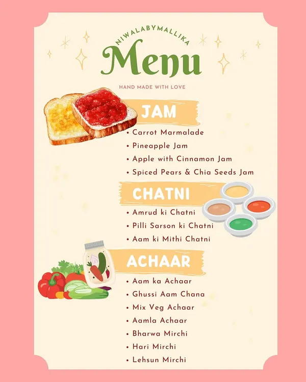 Here is my updated menu, handmade with love. It lists all my available jams, chutneys, and achaars. Look out for special pricing when you buy in person at one of my events!