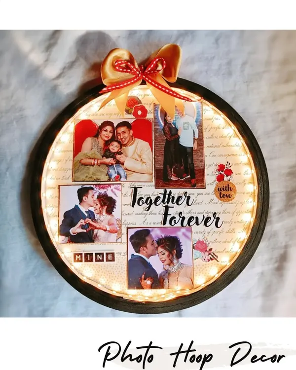 This custom photo hoop, illuminated with delicate fairy lights, is a warm and beautiful way to display your most cherished family moments. It's a perfect anniversary gift or a stunning piece of wall decor for your home.