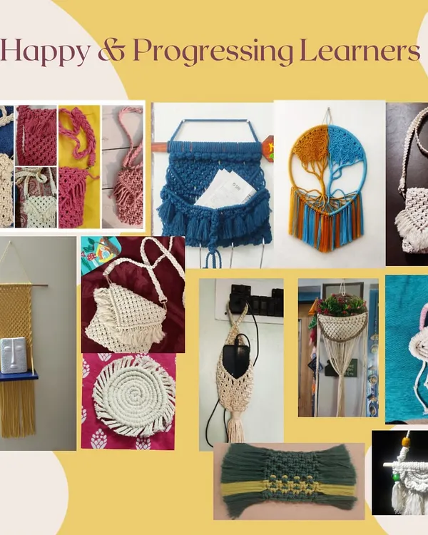 A collage showcasing the incredible variety of macrame projects my students have made, from wall hangings and shelves to bags and keychains.