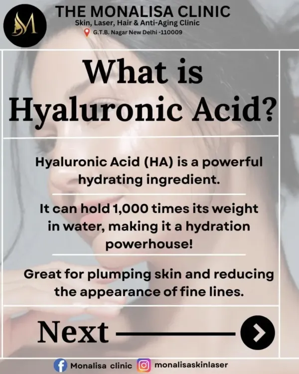 What is Hyaluronic Acid? This graphic explains that HA is a powerful hydrating ingredient that can hold 1,000 times its weight in water, making it a hydration powerhouse for plumping skin and reducing fine lines.