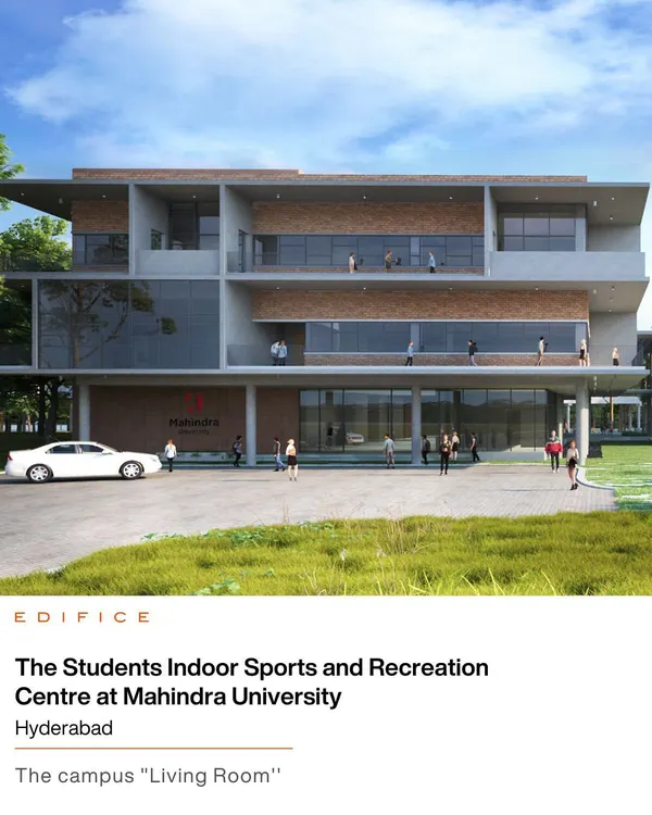 A rendering of the Student Indoor Sports and Recreation Centre at Mahindra University, Hyderabad. Envisioned as the campus "Living Room," the building is a vibrant anchor for physical activity, social engagement, and community life.