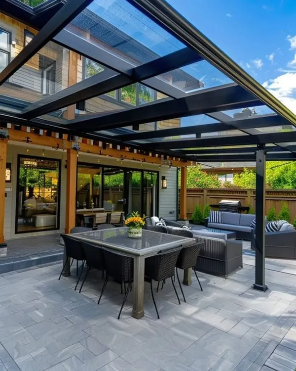 This expansive glass pergola creates a protected, all-season patio for dining and lounging. We engineered the sleek black frame and large glass panels to offer unobstructed views of the garden while ensuring complete shelter from rain and sun.