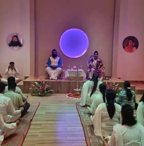 Participants sit in deep meditation during a program at our Samyama Spiritual Centre in Bangalore. The serene atmosphere of our center is designed to help seekers connect with their inner selves.