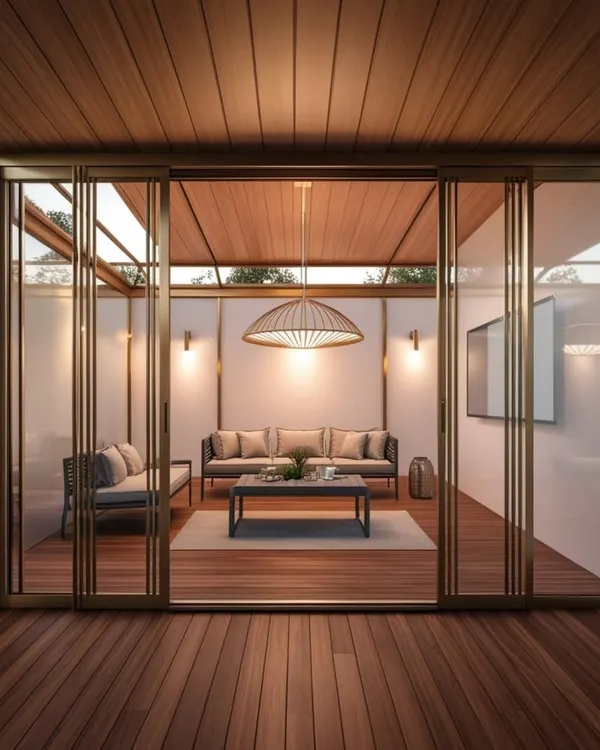 A perfect glasshouse is a blend of art and science. This design features a sleek, modern sunroom with sliding glass doors that open up to the outdoors, furnished with our minimalist sofas.