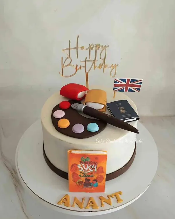 For Anant, who designs book covers, paints, and loves to travel. I brought his story to life on this cake, featuring his passions for art and adventure.